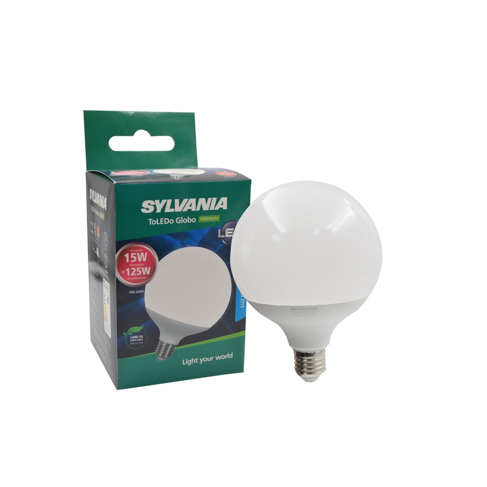 BOMBILLO LED TOLEDO GLOBO, E27, 15W, 1350 LUMEN, 6500K, 100-240V, 25000 HRS, MARCA SYLVANIA, MODELO P27992-19