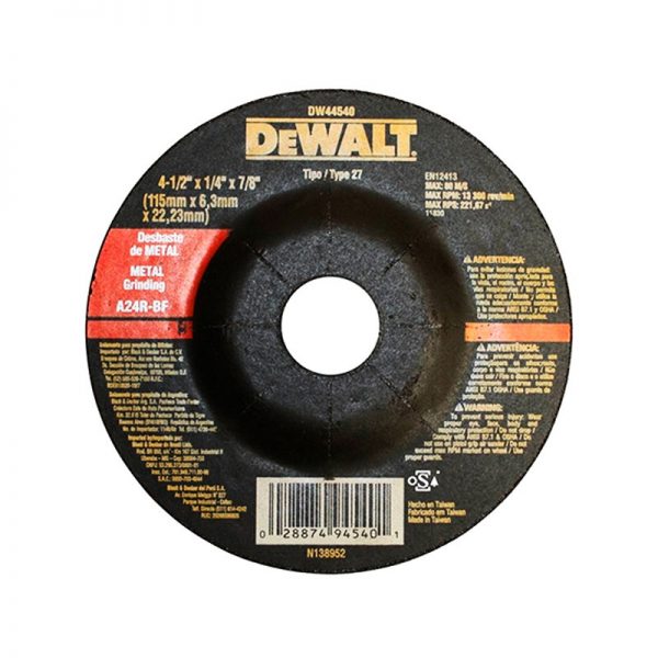 DISCO DE DESBASTE DE METAL 4 1/2" x 1/4" x 7/8", MARCA DEWALT, MODELO 44540