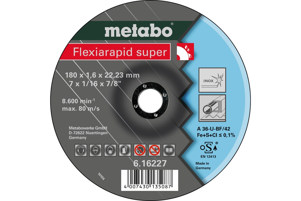 Disco de Corte de 7", FLEXIRAPID SUPER 180X1.6X22.2, Metabo 616227000