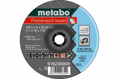 DISCO PARA CORTE DE METAL DE 7" X 1/16" X 7/8", FLEXIRAPID SUPER 180X1.8X22.23 MM, MARCA METABO, MODELO 616230000