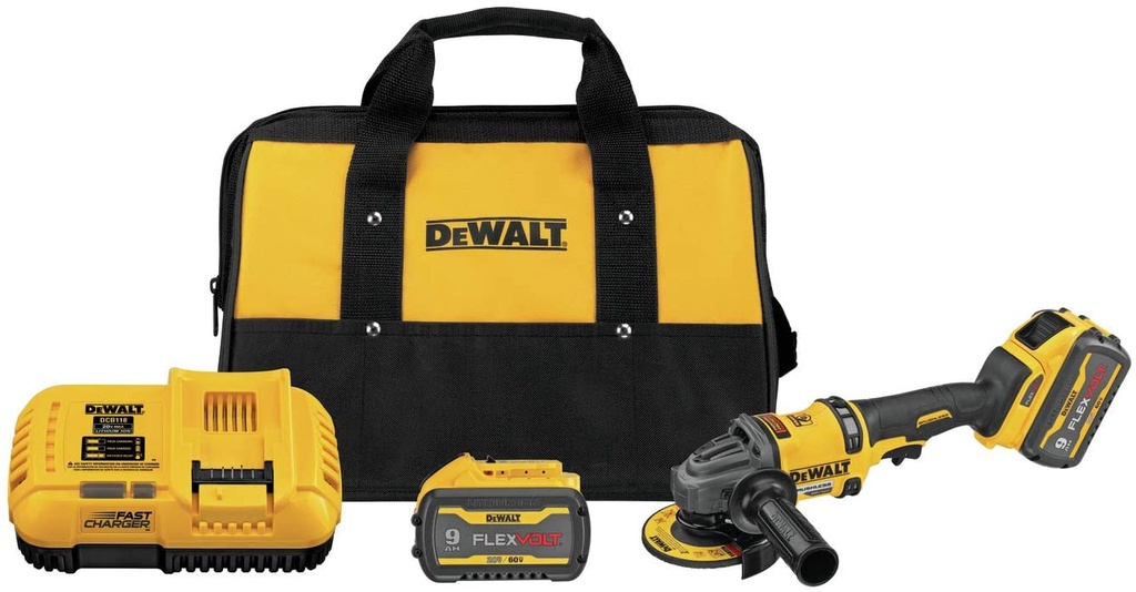 KIT DE ESMERILADORA ANGULAR INALAMBRICA de 4-1/2" 60V, 2300W, MARCA DEWALT, MODELO DCG418X2: 2 BAT 5AH+CARG+BOLSO