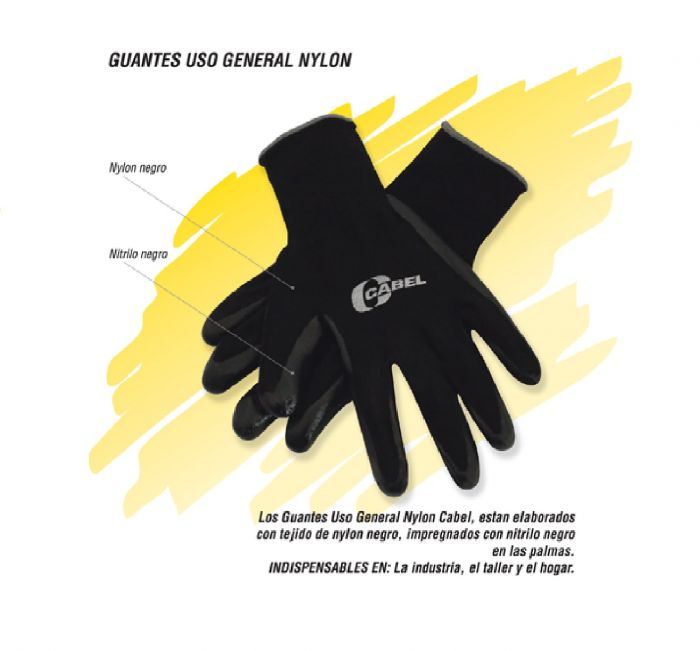 GUANTES DE NYLON CON NITRILO COLOR NEGRO #8, MARCA CABEL, MODELO 03-0502-0201-08