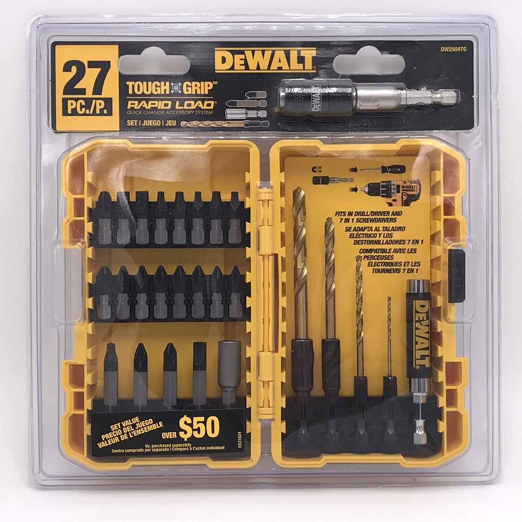 JUEGO DE BROCAS PARA METAL Y PUNTAS PARA DESTORNILLADOR, DE 27 PIEZAS, MARCA DEWALT, MODELO DW2504TG