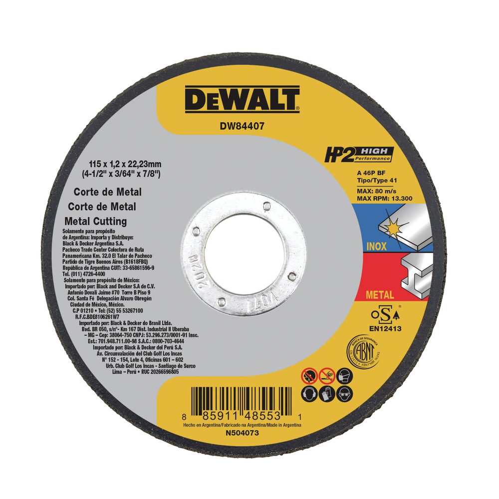 DISCO PARA CORTE DE METAL DE 4-1/2" X 3/64" X 7/8", MARCA DEWALT, MODELO DW84407