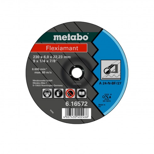 DISCO PARA DESBASTE DE METAL DE 9" X 1/4" X 7/8", FLEXIAMANT 230X6.0X22.2 MM, MARCA METABO, MODELO 616572000