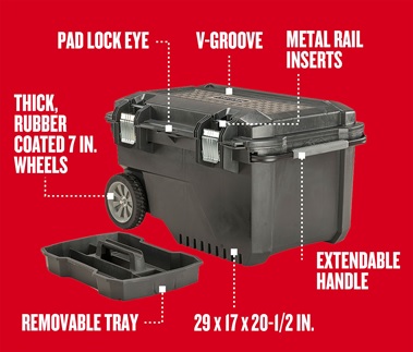 CAJA PARA HERRAMIENTA DE 29" (24 GAL) CON CERRADURA Y RUEDAS, MARCA CRAFTSMAN, MODELO CMST24800