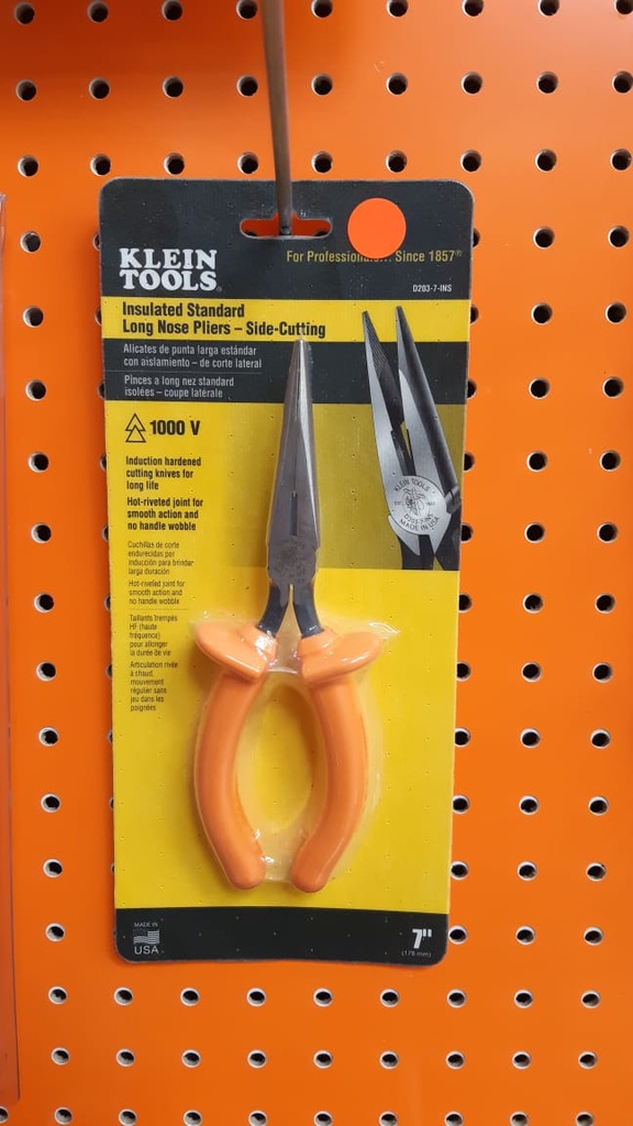TENAZA DE PUNTA LARGA (ALICATE DE CORTE LATERAL) DE 7" AISLADA 1000V, MARCA KLEIN TOOLS, MODELO D203-7-INS